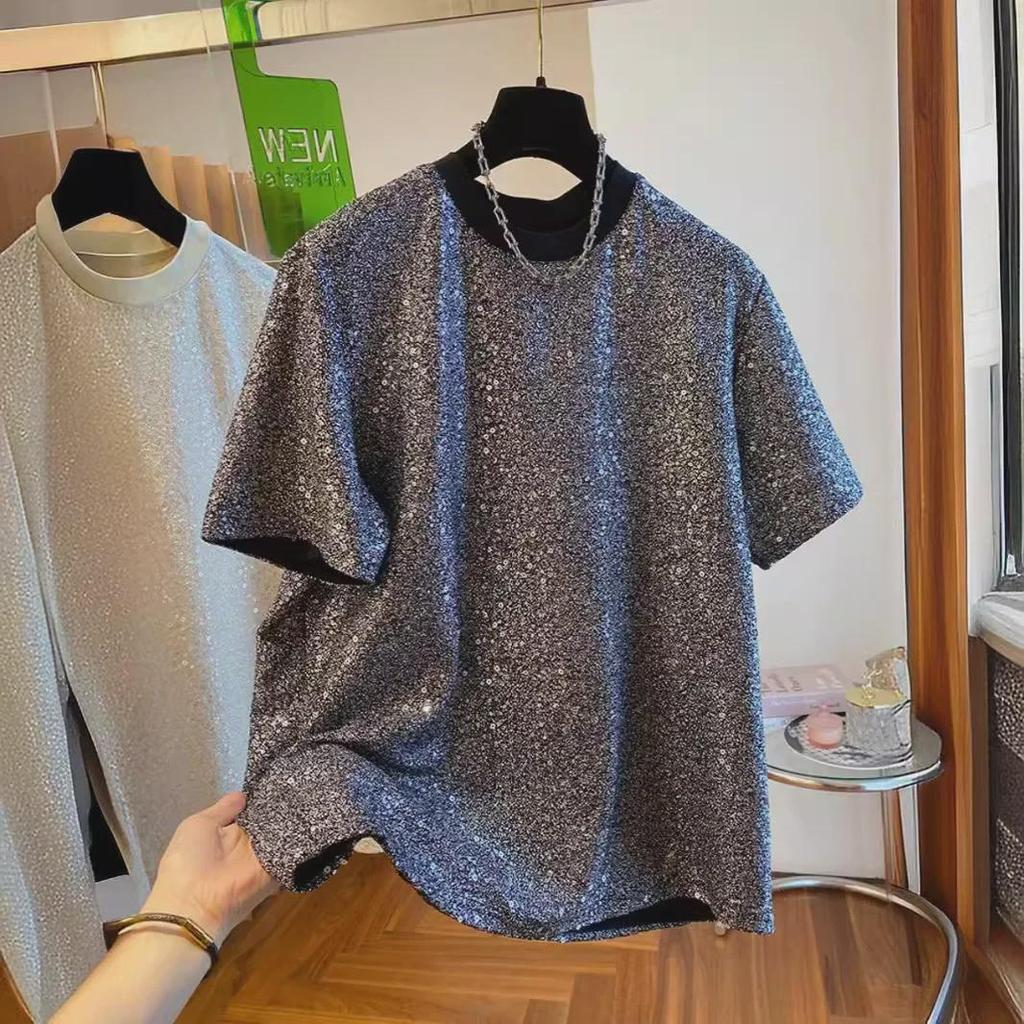 2024 Мужская шикарная шелковая футболка с пайетками - Европейский свободный крой с коротким рукавом