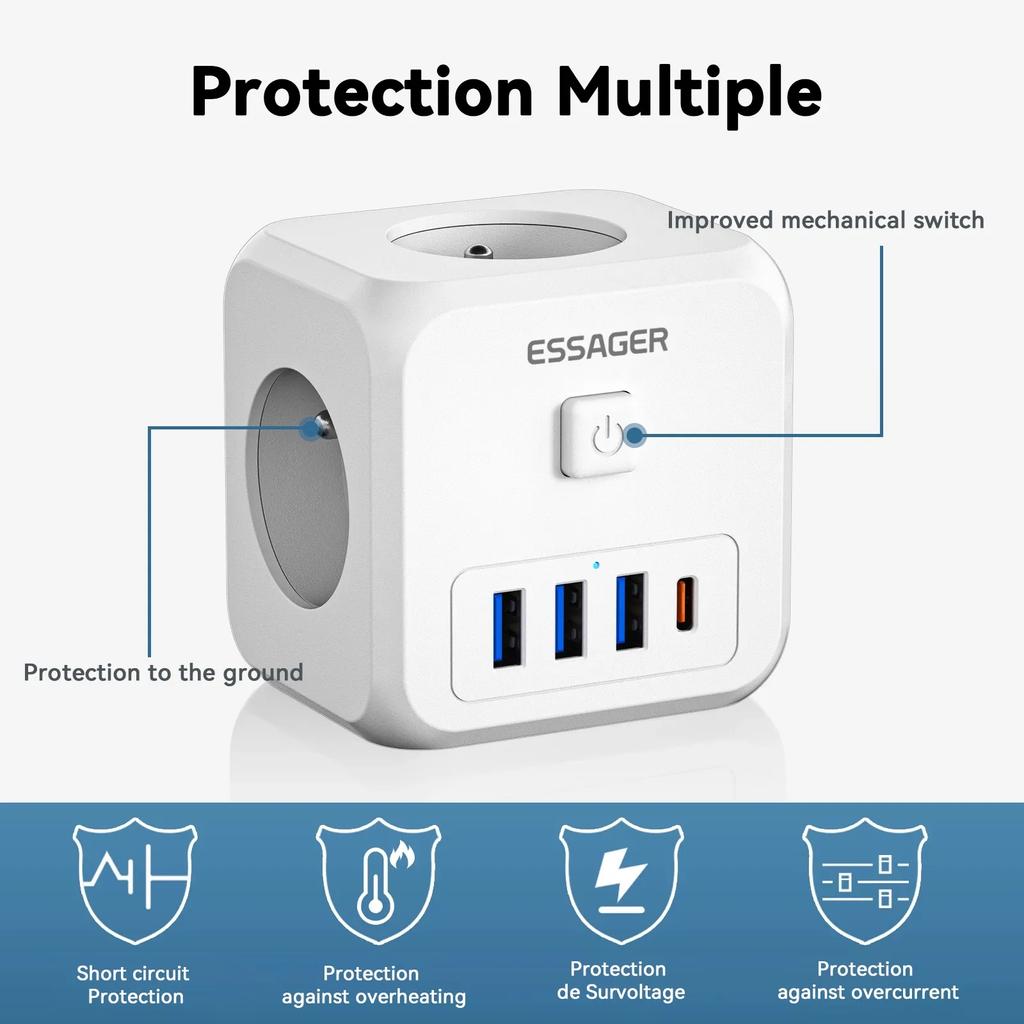 Essager Удлинитель с вилкой европейского стандарта, 3 розетки переменного тока, 3 USB-порта для зарядки, 1 адаптер типа C, 5 В, 2,4 А, настенное зарядное устройство 7-в-1