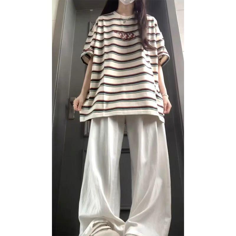 Женская американская ретро полосатая футболка оверсайз - Летний студенческий стиль, Повседневный большой размер, Свободный топ с коротким рукавом