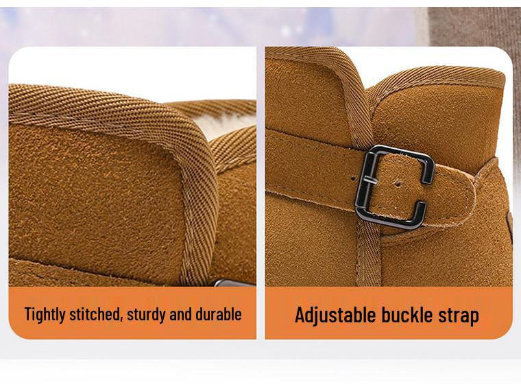 Ботинки из натуральной кожи с пряжкой - Мужские и женские зимние плюшевые подкладки, Нескользящие, Утепленные хлопковые слипоны.