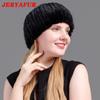 JERYAFUR Ladies Winter Knitted Leather Straw Hat Real Mink Scarf Hat Stretch Luxury Mink Empty Top Hat