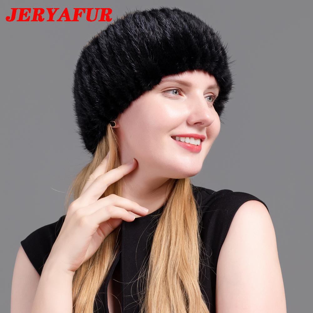 JERYAFUR Ladies Winter Knitted Leather Straw Hat Real Mink Scarf Hat Stretch Luxury Mink Empty Top Hat
