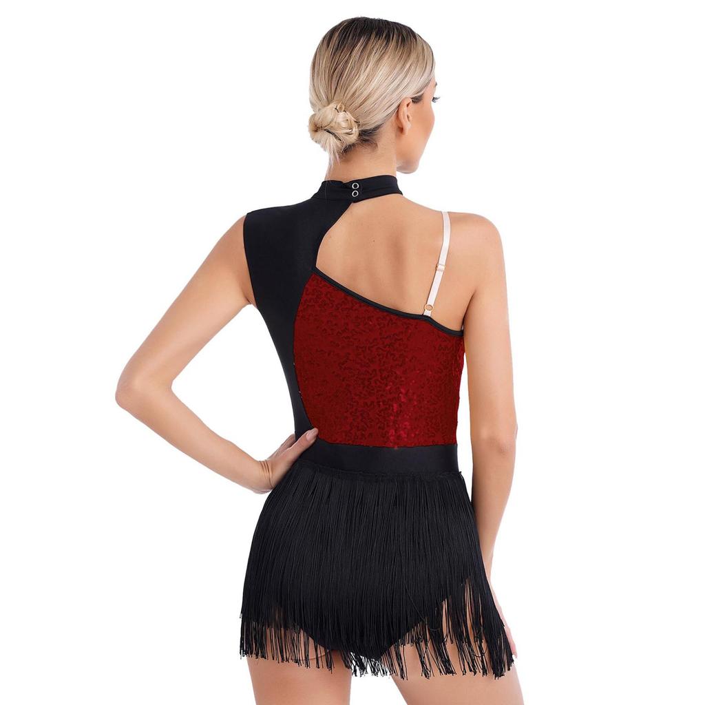 Womens Sleeveless Latin Dance Leotard Shiny Sequins Contrast Color Fringed Bodysuit for Dance Party Stage Performance