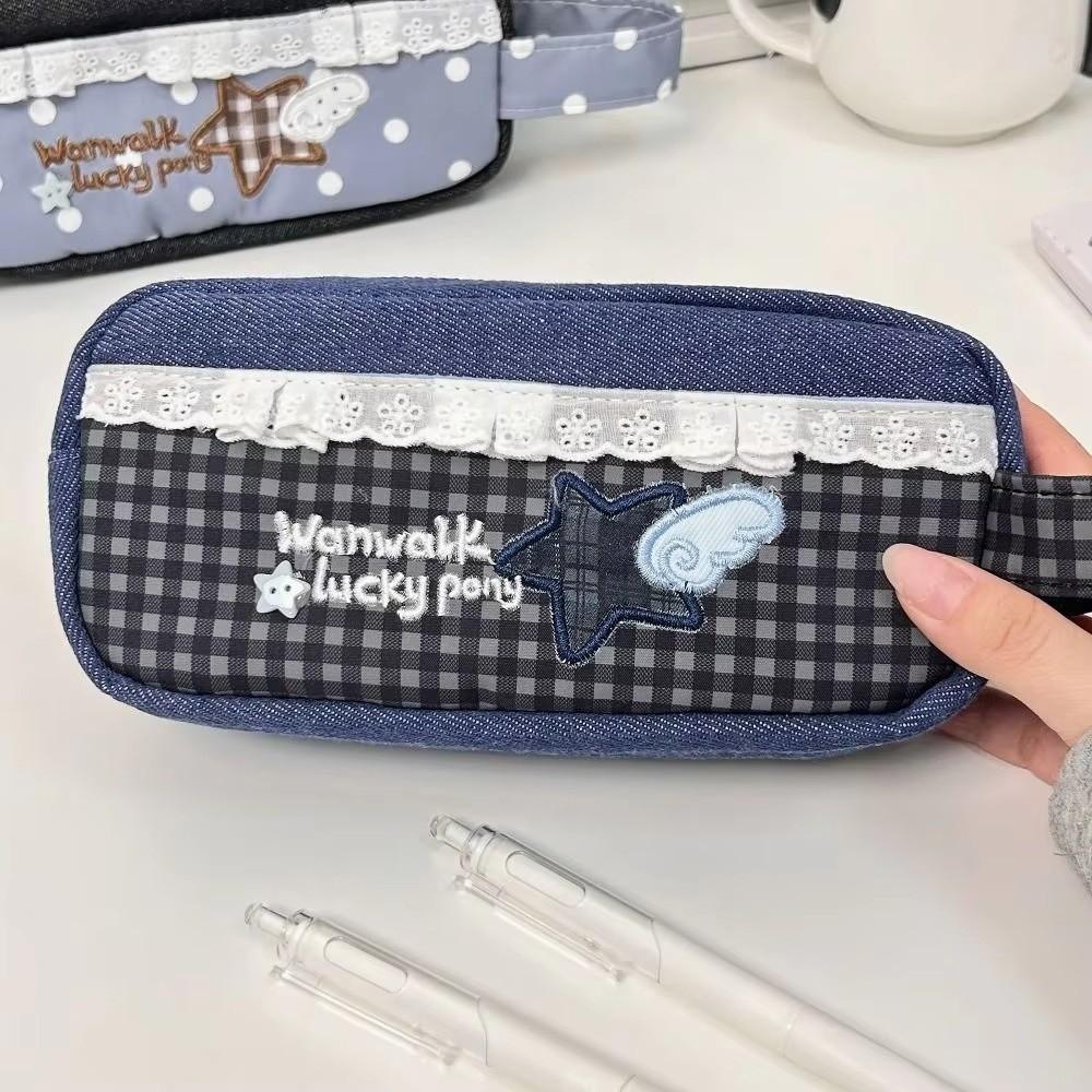Plaid Print Pen Bag Lace Design Pencil Pouch Gift Stationery Organizer School Supplies