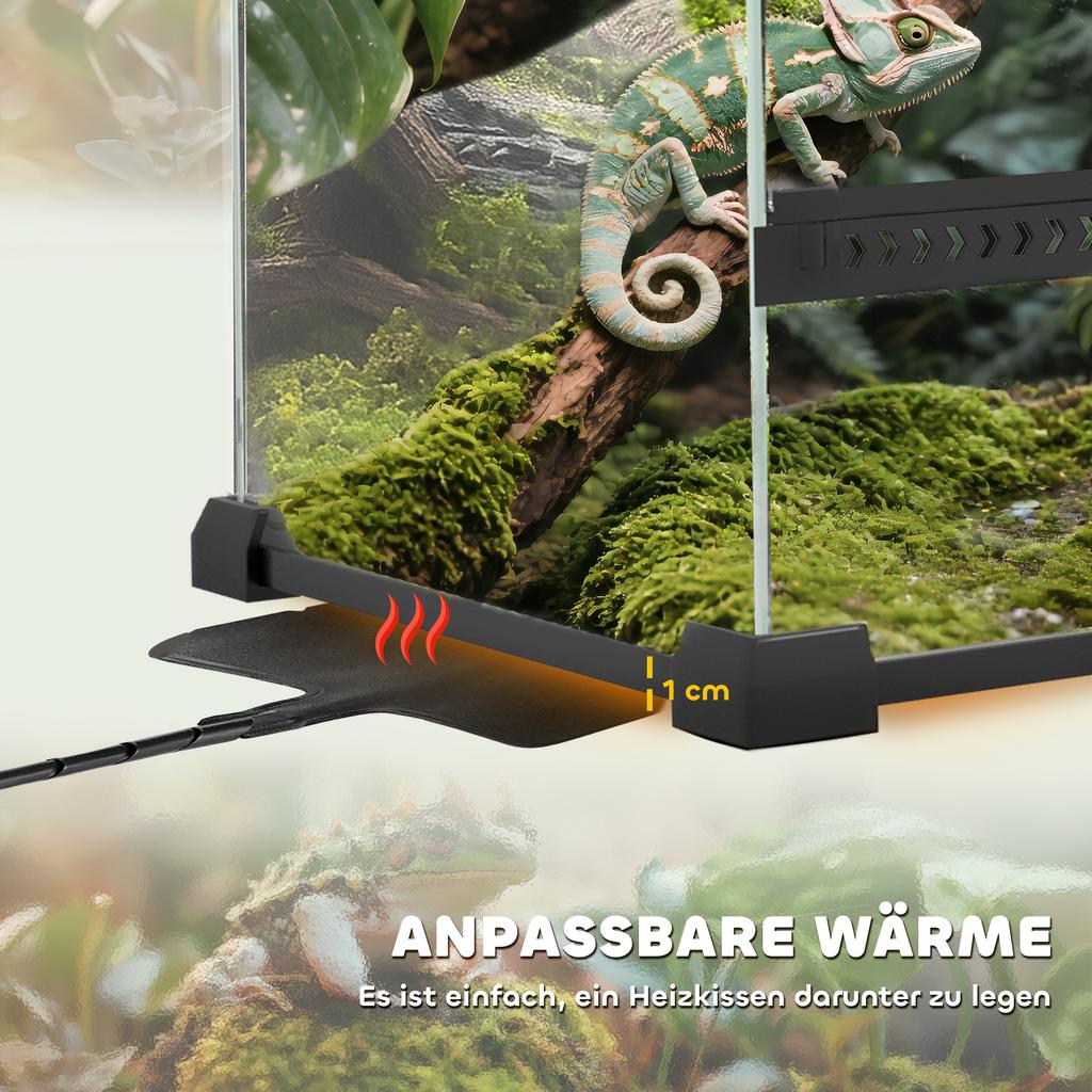Reptile Glass Terrarium with Stone Background, Front Ventilation, Escape-Proof Knob Lock, 30 x 30 x 30 cm, Black