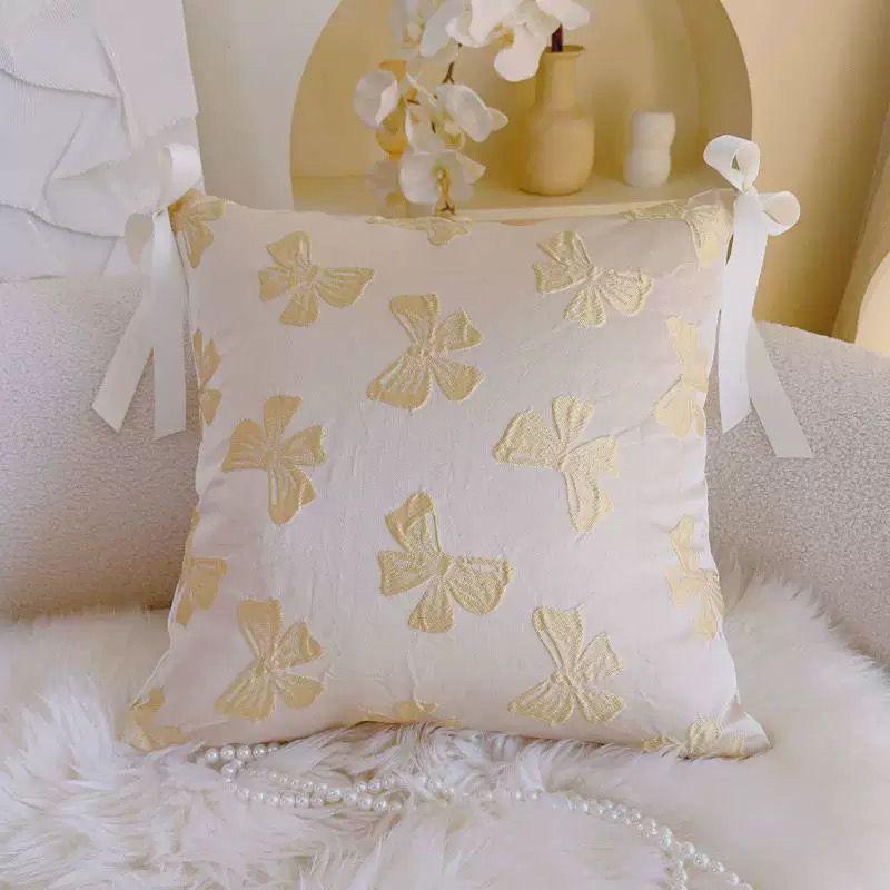 Korean Ins Ballet Style Girl Pink Ribbon Bow Pillow Cream Style Cushion Bedroom Sofa Cushion Cover