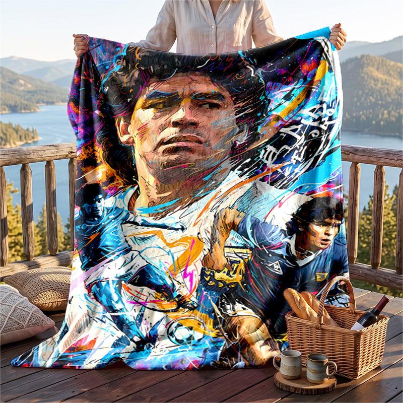 Warm Flannel Blanket Diego Maradona Pattern, Lightweight Comfortable Throw Blanket for Bed Sofa Use