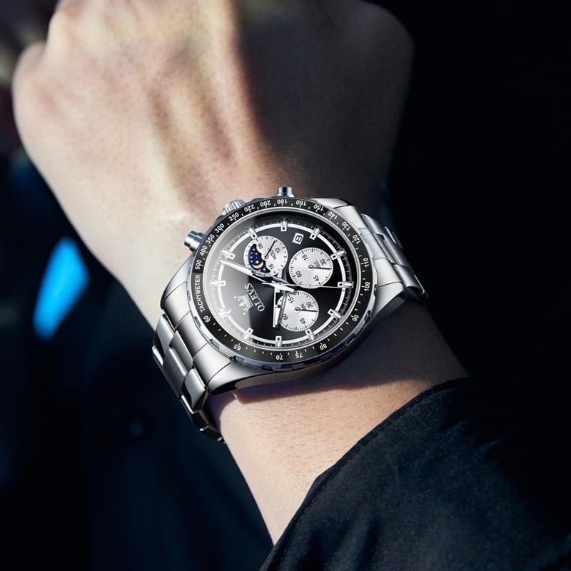 Кварцевые часы OLEVS Moon Watch для мужчин с металлическим черным ремешком, Популярные, Деловые, Студенческие, Фаза Луны, Хронограф, Мужские, Подарок, Люминесцентные, Водонепроницаемые, Дата, Ремешок,