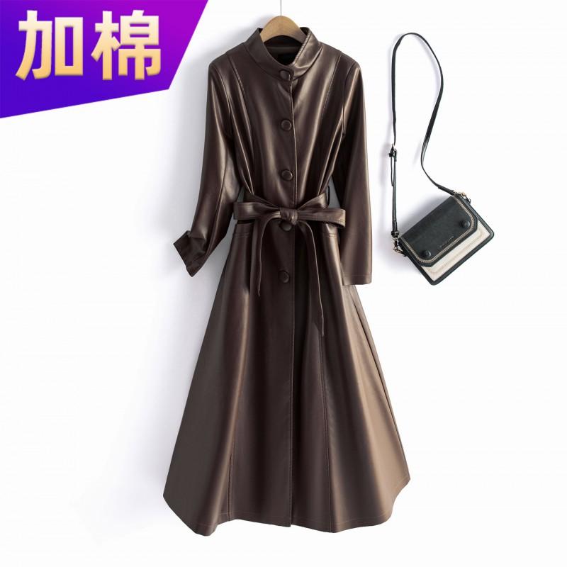 Womens Long Faux Leather Jacket Slim Fit Stand Collar Casual Outerwear