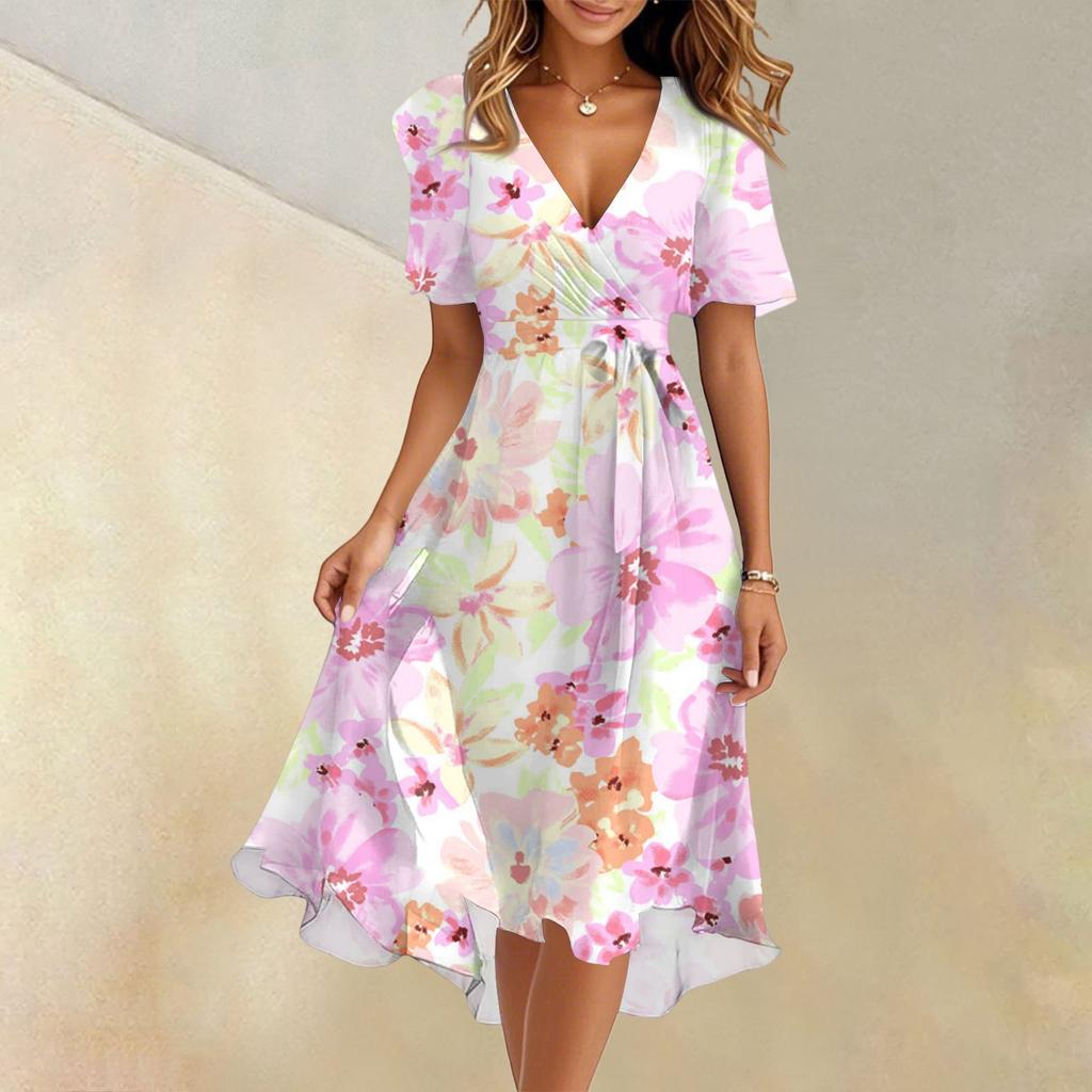 Women's Summer Fashion V-Neck Flared Dress Short Sleeve Floral Dresses
