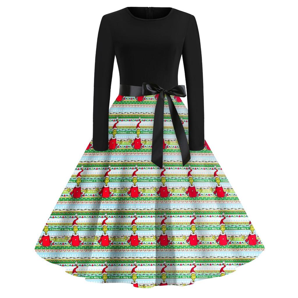 Женское повседневное рождественское платье с круглым вырезом и широкими рукавами, облегающее платье