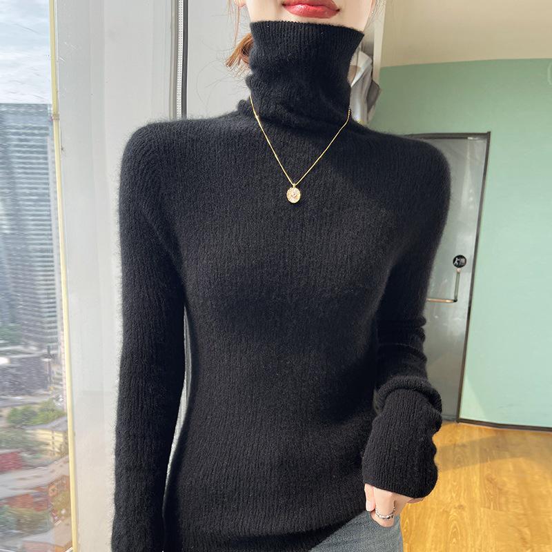 Women's Seamless High Neck Ribbed Knit Wool Sweater - Slim Fit, Textured Base Layer Pullover