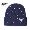 Warm Knit Hat for Large Heads Sparkly Winter Knitted Hat, Women Rhinestone with Faux Pearl Bow, Korean Style Headwear Stretch Cuffed Ribbed Skull Cap