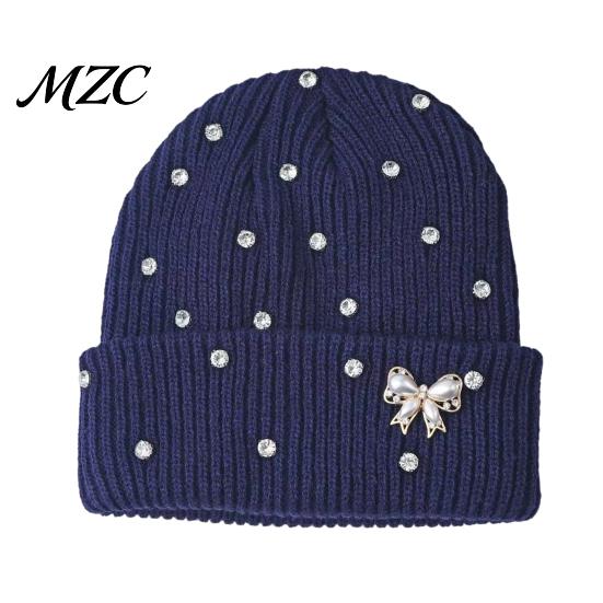 Warm Knit Hat for Large Heads Sparkly Winter Knitted Hat, Women Rhinestone with Faux Pearl Bow, Korean Style Headwear Stretch Cuffed Ribbed Skull Cap
