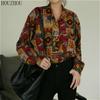 HOUZHOU Printed Blouses Women Loose Vintage Elegant Chic Casual Ins Oversized