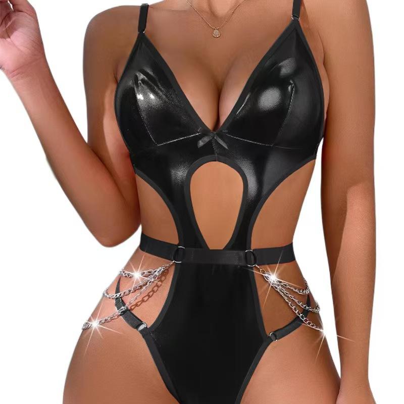 New sex underwear sexy women patent leather chain hollow onesie sex suit