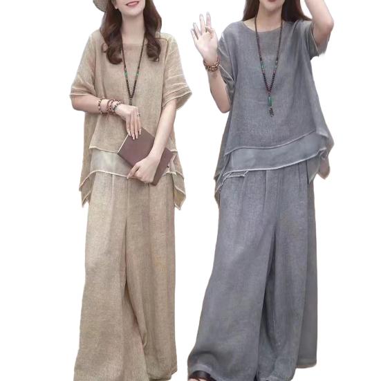 2 Pcs/Set Women Top Pants Set Round Neck Half Sleeves Irregular Hem Blouse Wide Leg Elastic Waist Wide Leg Trousers Daily Leisure Dating Outfit