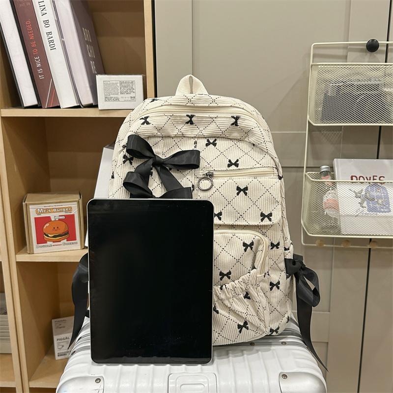 Вельветовый рюкзак большой вместимости с принтом бантика, студенческий школьный рюкзак
