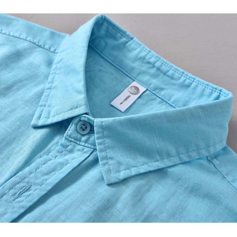 Летняя рубашка Мужская повседневная рубашка с коротким рукавом Однотонная рубашка с отложным воротником из хлопка и льна Мужские топы Простой стиль Мужская одежда Дышащая
