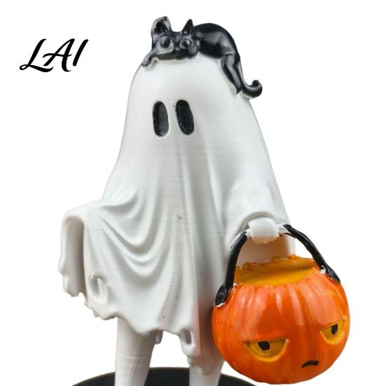 Artistic Desktop Collection Vintage Halloween Ghost Figurine Cute Spooky Resin Statue with Pumpkin Figurine Bucket And Black Cat for Indoor