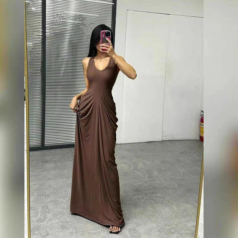 Летнее плиссированное длинное платье без рукавов для женщин, новое модное повседневное облегающее вечернее платье-сарафан для женщин, однотонное элегантное однотонное платье макси 2806