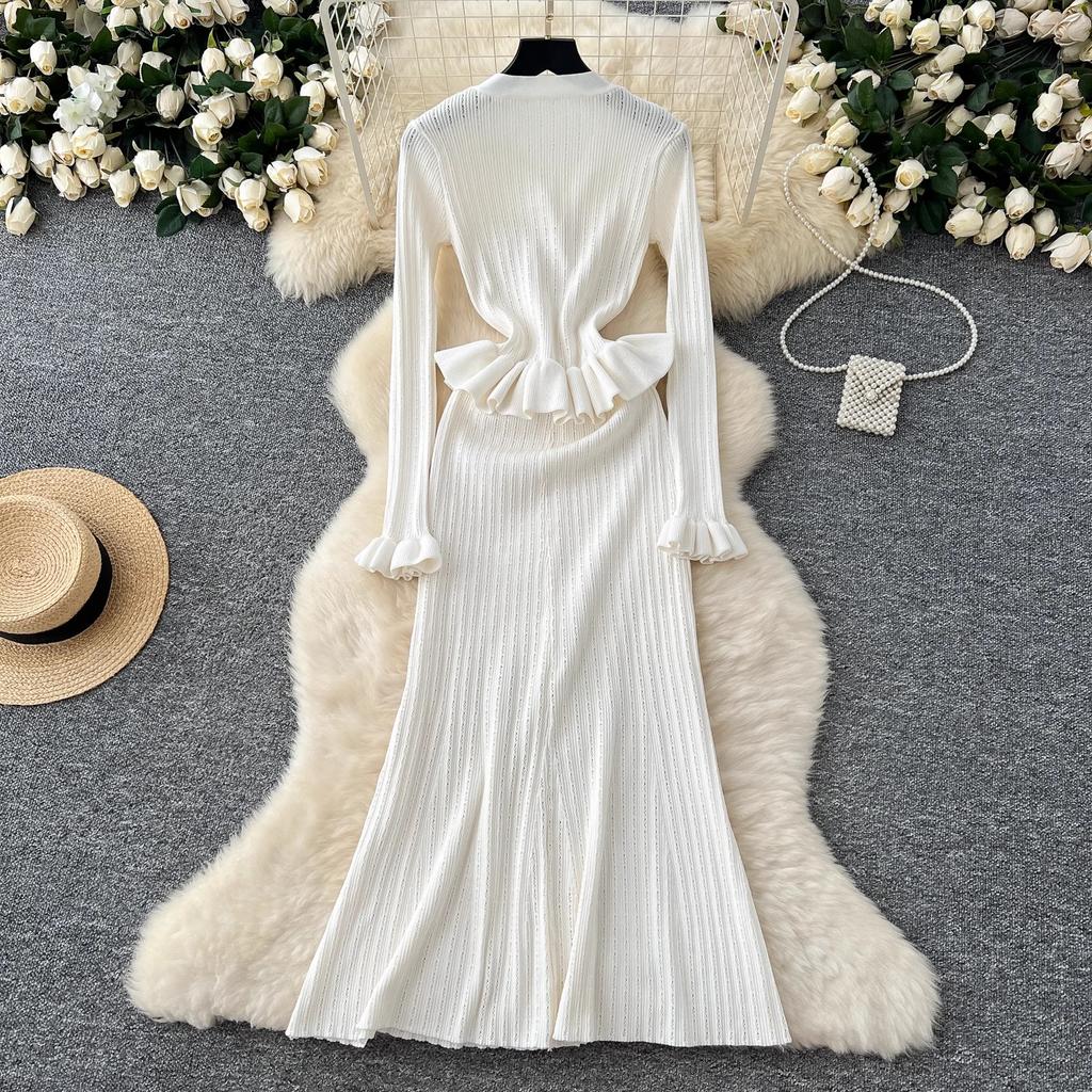 Korean Dresses Womens Outfits Long Sleeve Tunic Cropped Cardigan High Waist Bodycon Tunic  Fashion Knitted Women Dress