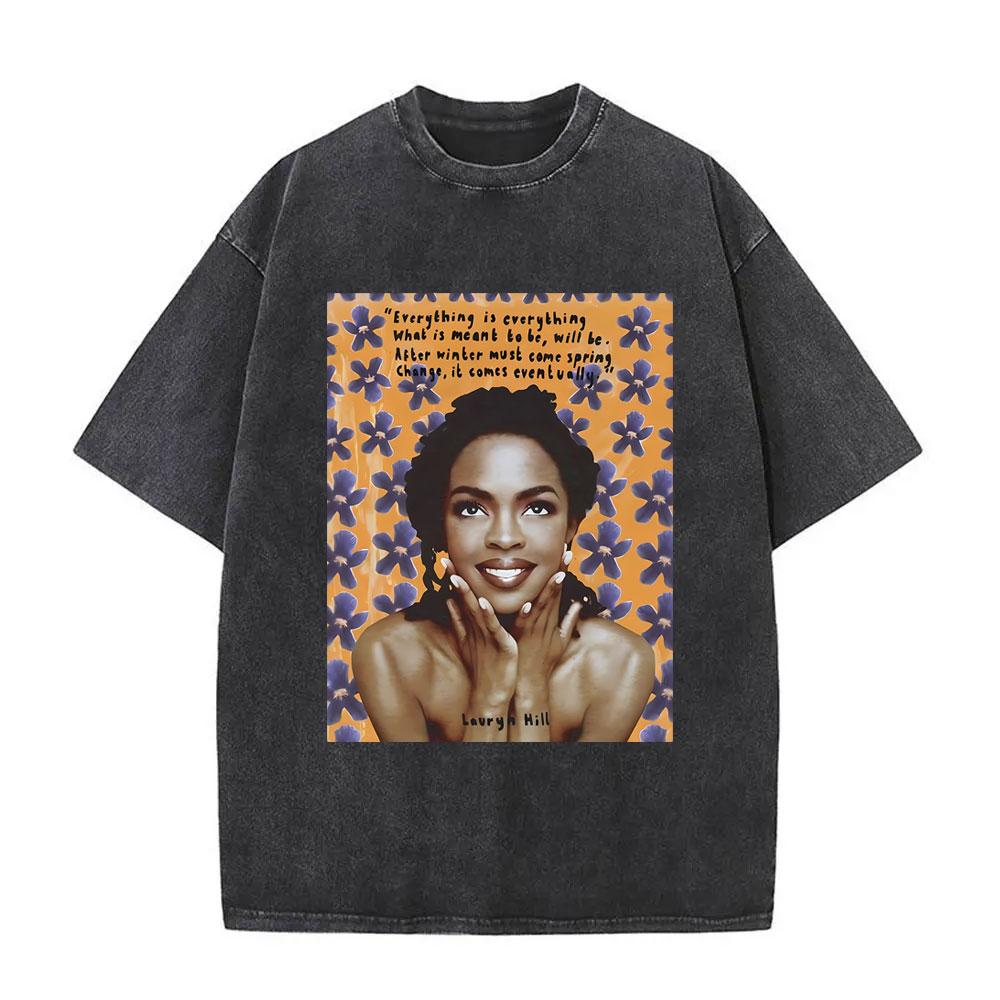 Washed Vintage Singer Lauryn Hill Graphic Print Tshirt Men Women Clothing Hip Hop Fashion Street Oversized Crewneck Tee Shirts