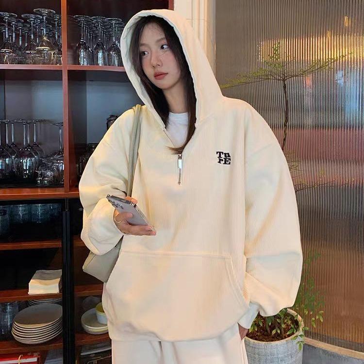 Women Long Sleeve Hooded V Neck Loose Pullovers Female Tops Solid Color Sweatshirts