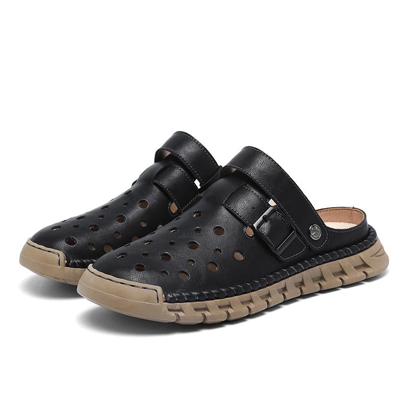 Летняя обувь для мужчин Кожаные сандалии Мужские модные тапочки Закрытый носок Повседневная обувь с ручной прошивкой