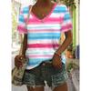 Vintage Women Striped Print T Shirt Short Sleeve V Neck Tops Comfortable T-shirts