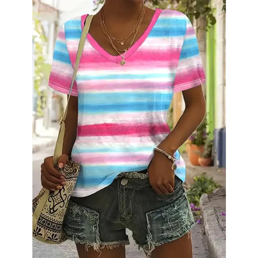Vintage Women Striped Print T Shirt Short Sleeve V Neck Tops Comfortable T-shirts