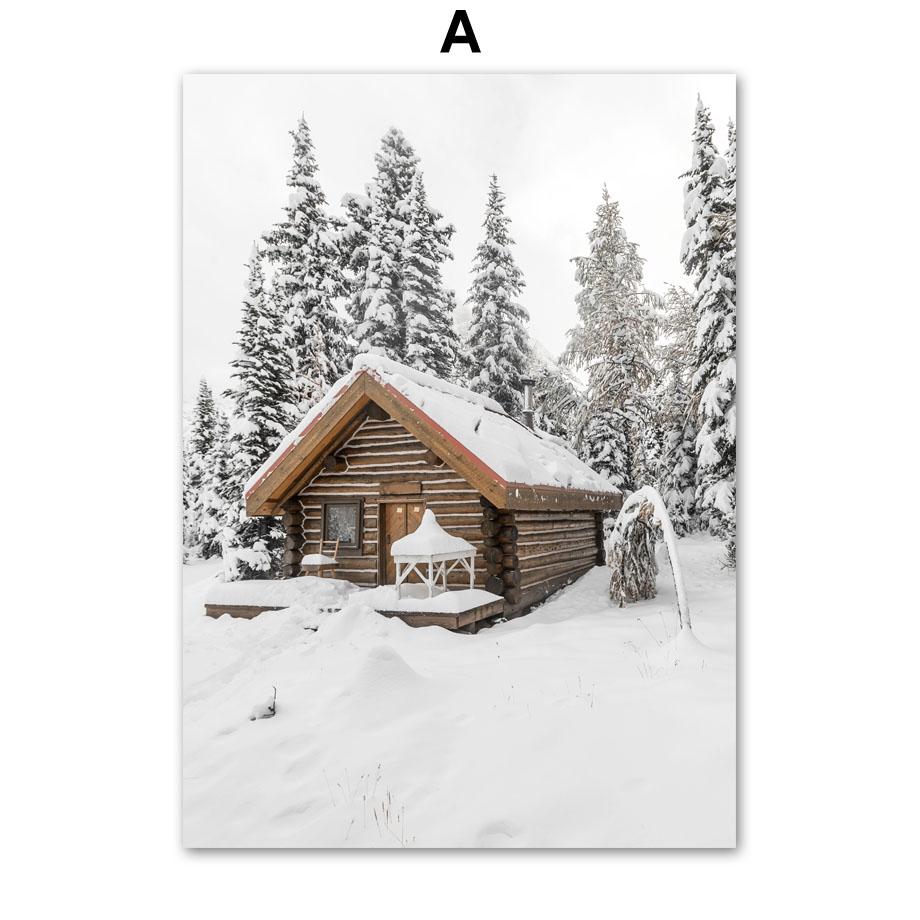 Настенная картина на холсте, зимний снег, дом, сосновый лист, северный олень, плакаты на скандинавскую тему и принты, настенные панно для декора гостиной