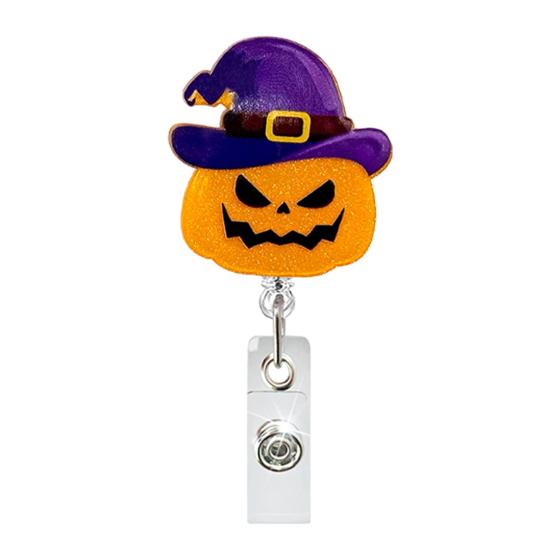 Office Badge Clip Retractable Holder, Halloween Glitter Acrylic Reel, Cute Ghost Reel Pumpkin ID Card Holder for Nurse Doctor Teacher Worker
