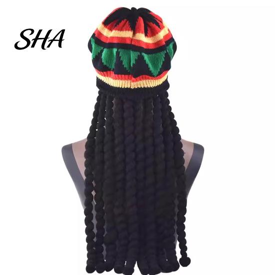 Adult Size Beret Stretch Bottom Wig Hat, Non-Pressurizing Soft Knitted Elastic Reggae Style Rainbow Color Foldable Hat for Festivals Halloween Parties