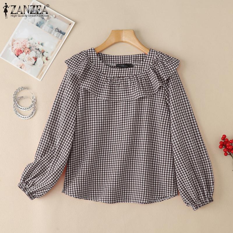 ZANZEA Женская повседневная блузка в клетку с оборками, круглым вырезом и длинным рукавом свободного кроя