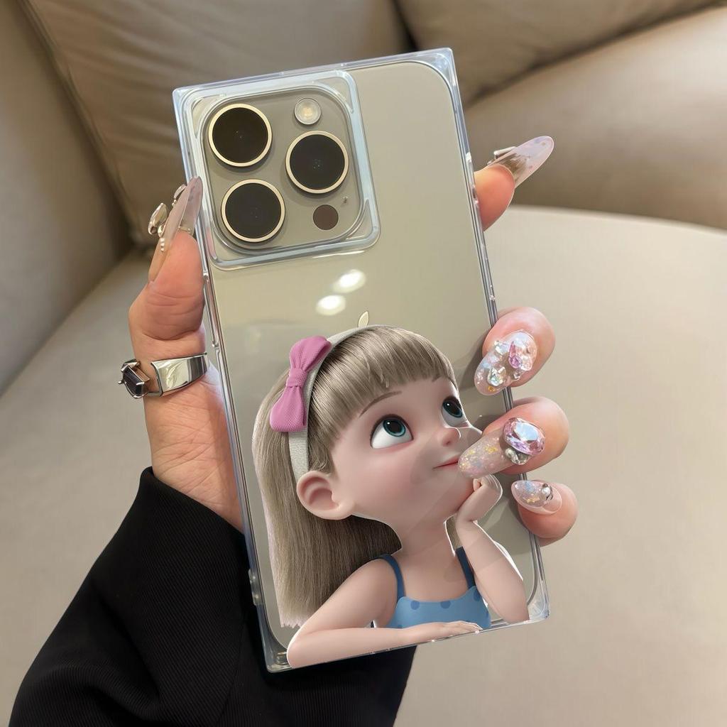 Прозрачный квадратный чехол-бампер для iPhone 14 Pro Max 12 13 15 Plus 11 16 ProMax, защита от окисления, с рисунком маленькой девочки