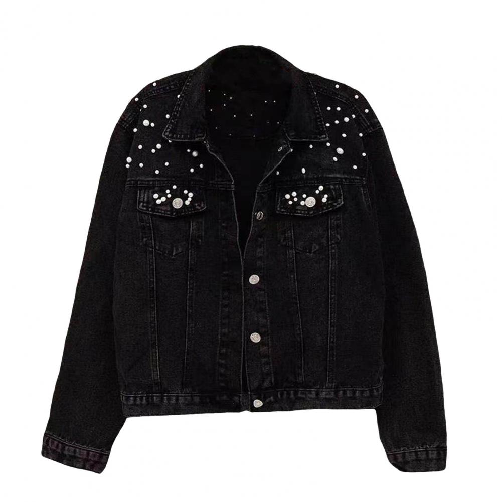 Female Jacket Stylish Winter Female's Denim Coat with Bead Decor Plus Size Long Sleeves Turn-down Collar Casual Streetwear Jac Practical Use