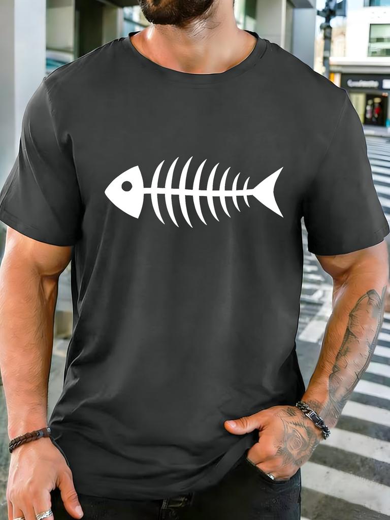 Unisex O Neck Tee Minimal White Fish Bone Skeleton Print Short Sleeve Top Summer Street Outdoor Basic Soft Loose Casual Daily Wear