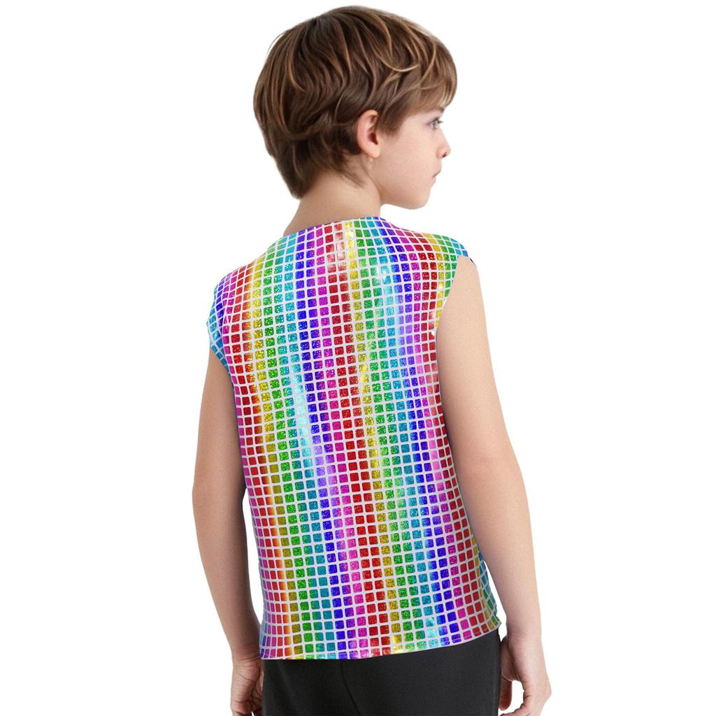 Boys Girls Dance Stage Performance Costume V Neck Sleeveless Asymmetrical Hem Button Metallic Plaid Vest
