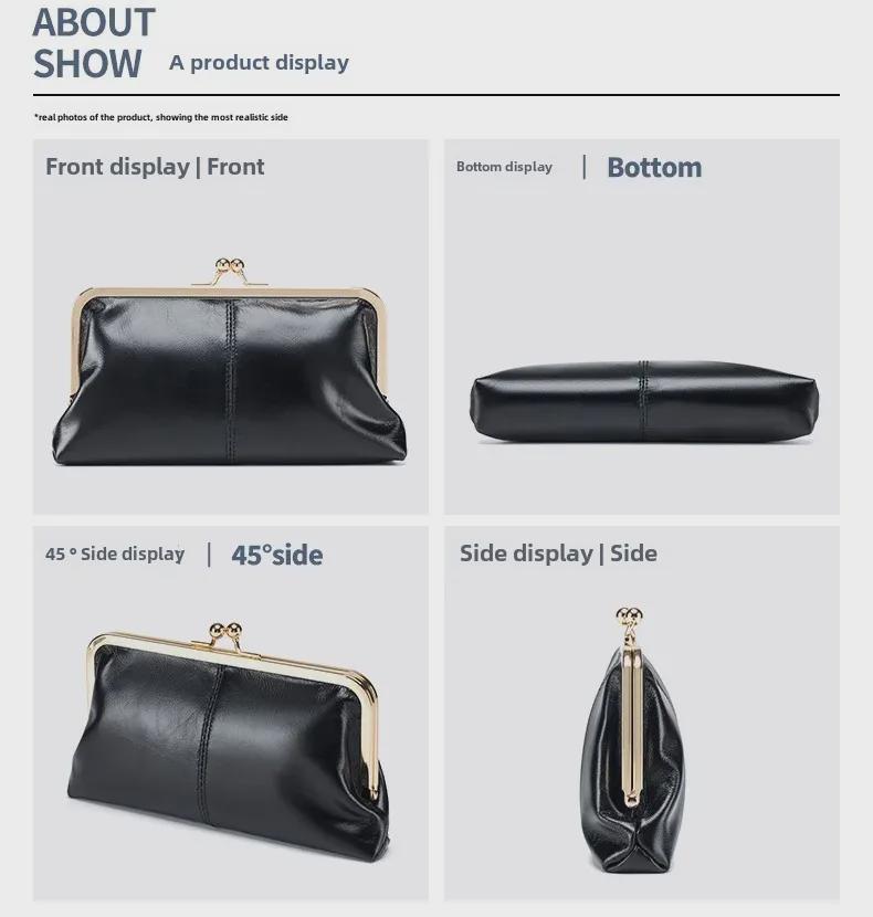 Women's Retro Long Genuine Leather Wallet Handbag - Large Capacity, Waxed Gold Clip Style