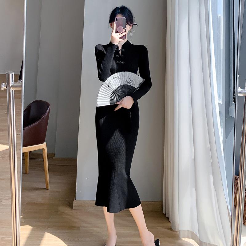 Осенне-зимнее ретро китайское платье ципао «рыбий хвост» вязаное для женщин