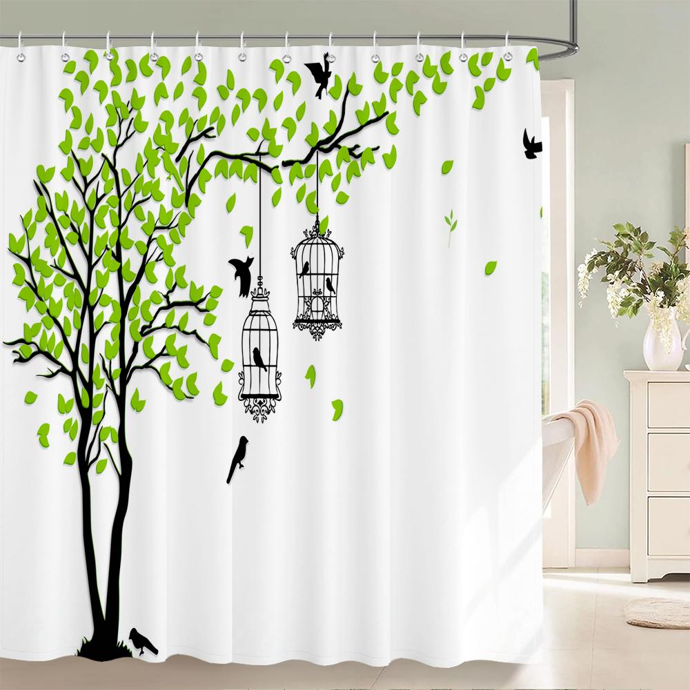 1PC Modern Minimalist leaf Pattern Shower Curtain with Hooks - Design Chic Green leaves Plants Bathroom Curtain Decorationks