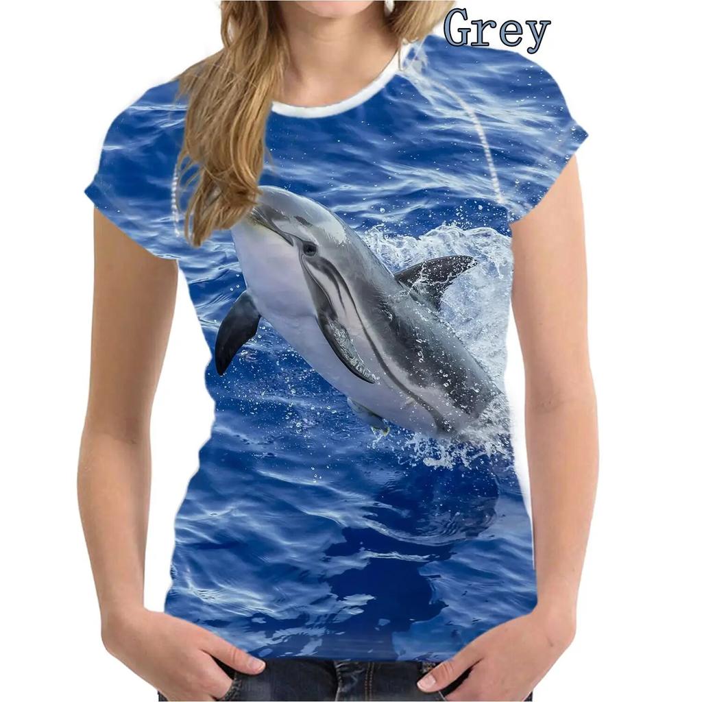 Новые женские модные летние повседневные футболки с короткими рукавами и круглым вырезом с 3d принтом, женские рубашки с дельфинами