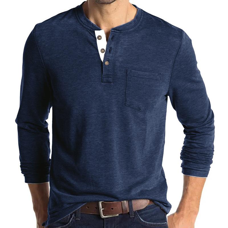 Beauty Vintage Casual Round Neck T-shirt Men's Solid Button Patchwork Pocket Trendy Versatile Cotton Breathable Long Sleeve Top