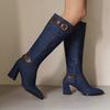 New Women's High Boots Denim Fabric Thick Heel Super High Heel Belt Buckle Knight Boots Women