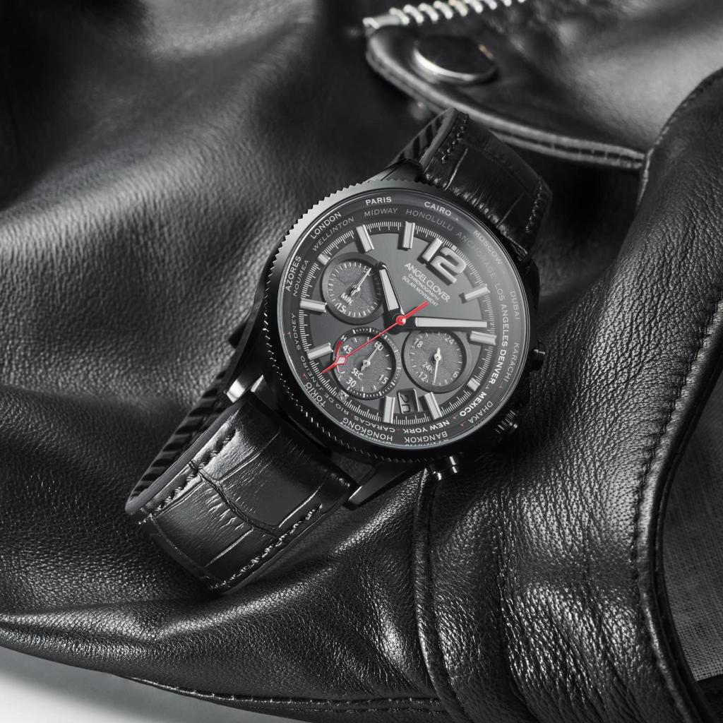 Часы Angel Clover Mondo Solar с черным циферблатом из нержавеющей стали Calf Solar Quartz 43MM Часы [ANGELCLOVER] Кожа/резина MOS42BBK-BK мужские