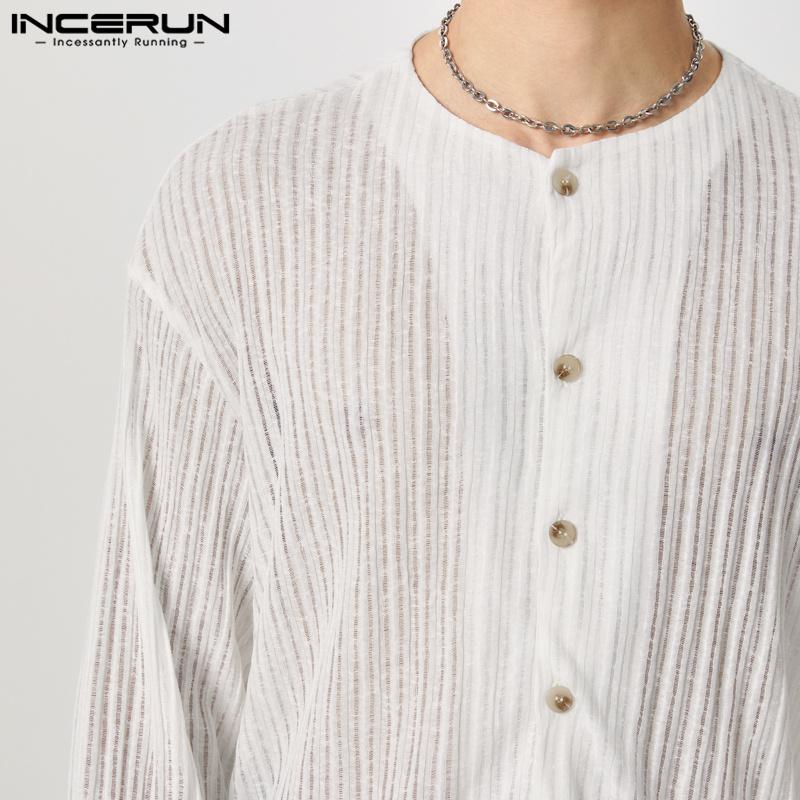 INCERUN Мужские рубашки без воротника, прозрачные, на пуговицах, повседневные, прозрачные топы