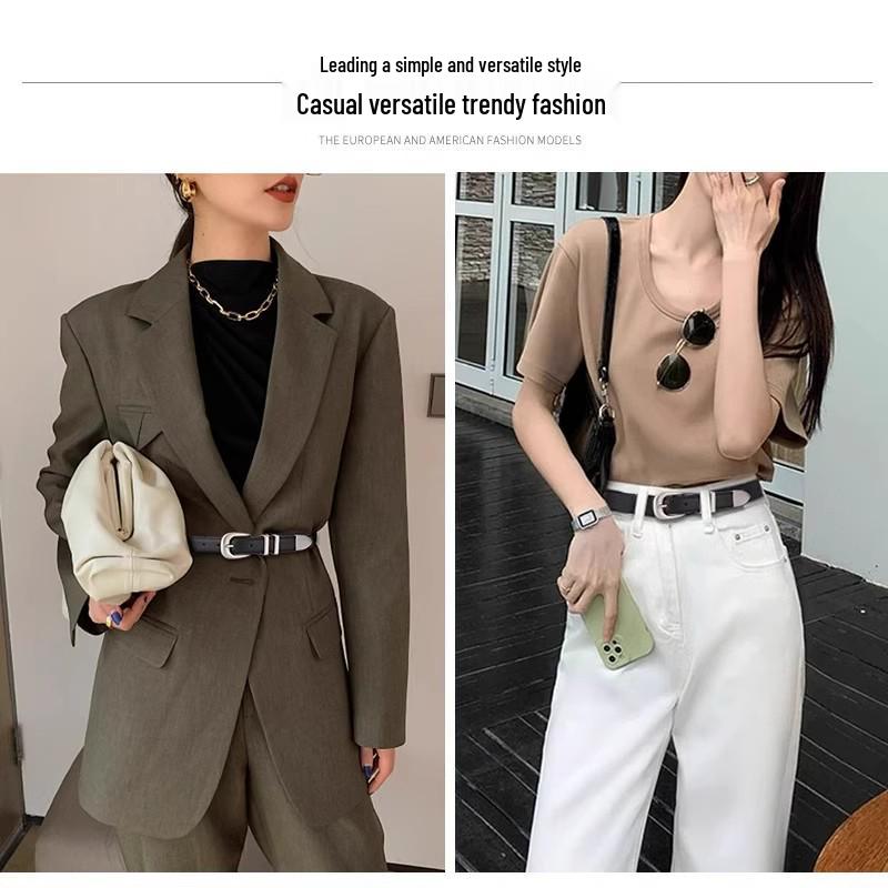 Women's Genuine Leather Cross-Border Waistband: Simple, Versatile, Pure Cowhide Belt for Summer, Black Jeans Style