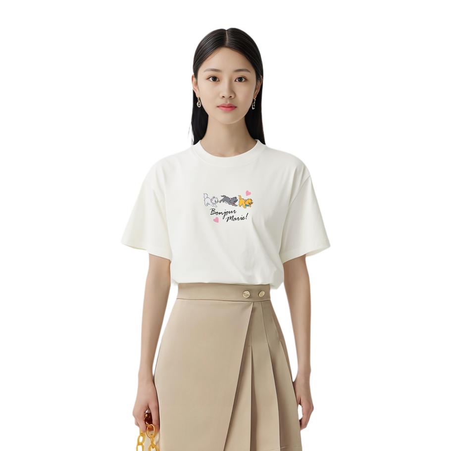Li Ning X Disney Collaboration Marie Cat Series Cartoon Print Round Neck Short Sleeve T-Shirt Women Tops Off-White AHST612-1
