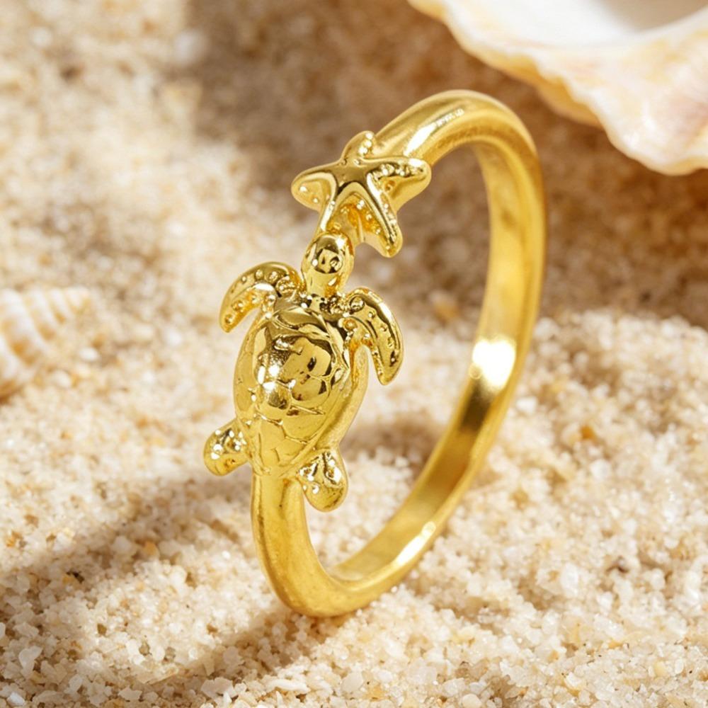 Creative Cute Stainless Steel Ocean Turtle Starfish Opening Rings for Women Fashion Personality Daily Vacation Jewelry Gifts